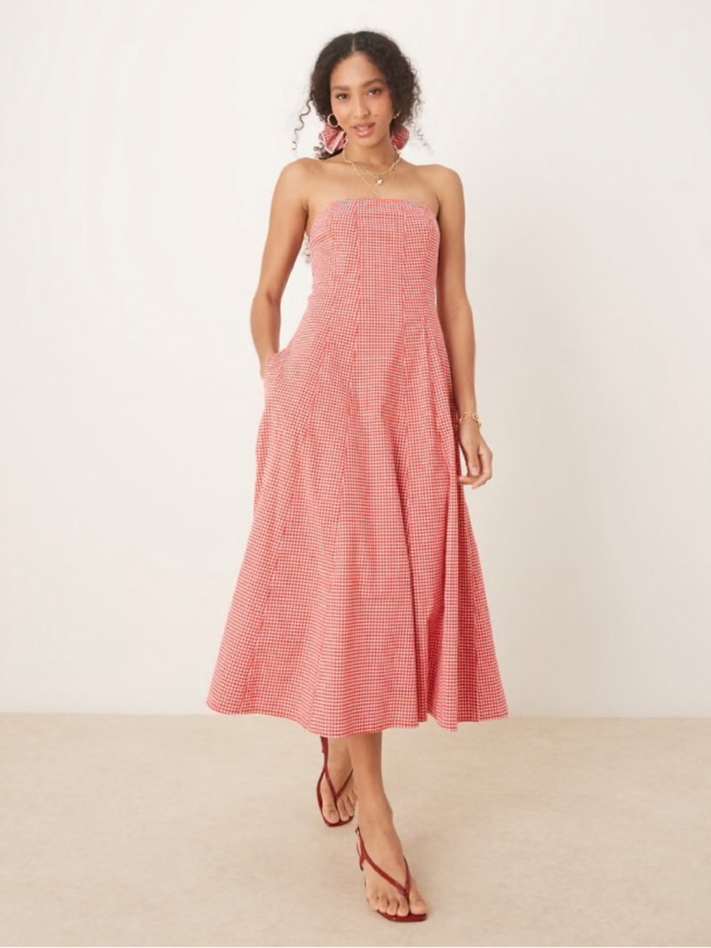 Abercrombie & Fitch Strapless Red Gingham Midi Dress